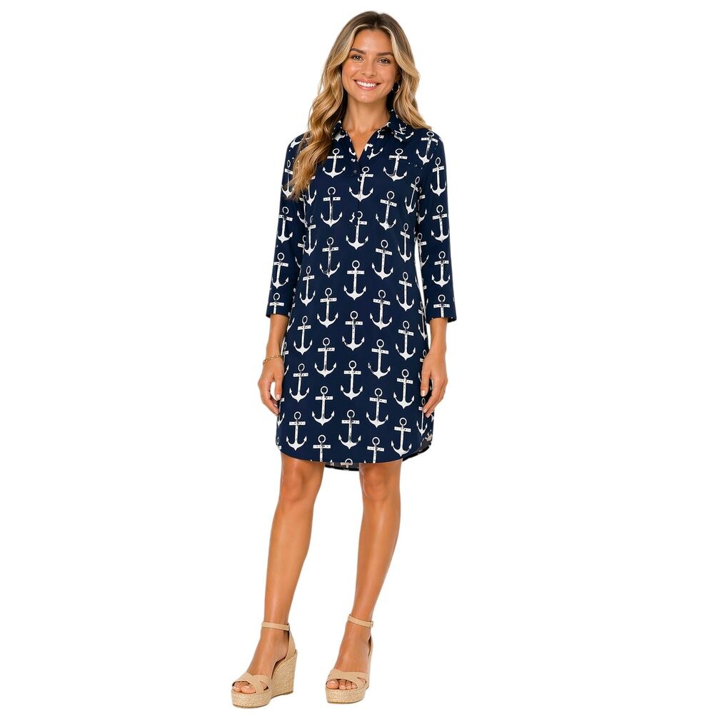 Mud Pie Navy Anchor Print Long Sleeve Shirt Dress